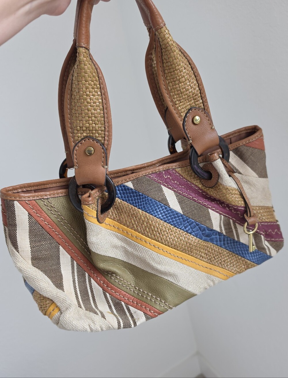 Y2K Fossil Patchwork Leather Raffia Canvas Tote Bag Boho Coastal Western